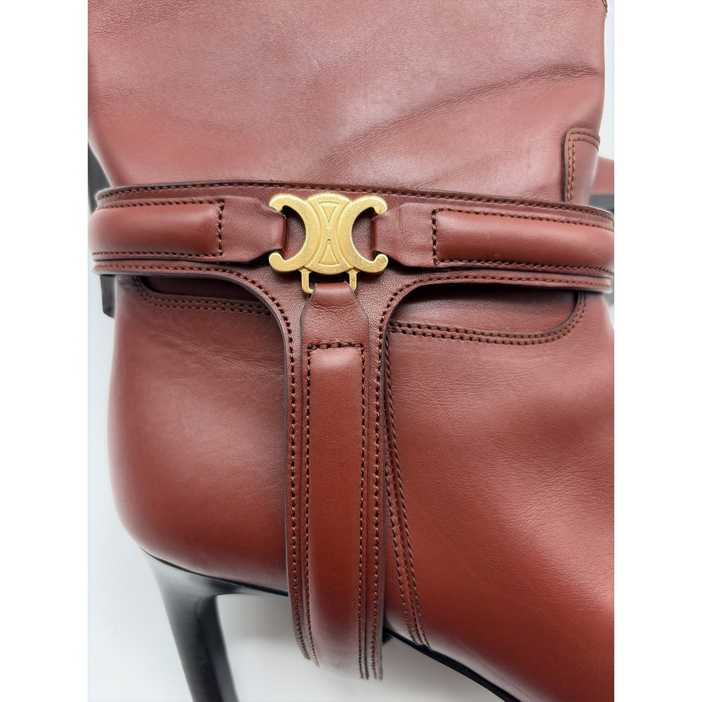 Celine Mahogany Leather Triomphe Ankle Boots Pointed Toe Stiletto DY 1202 41 - Picture 9 of 10